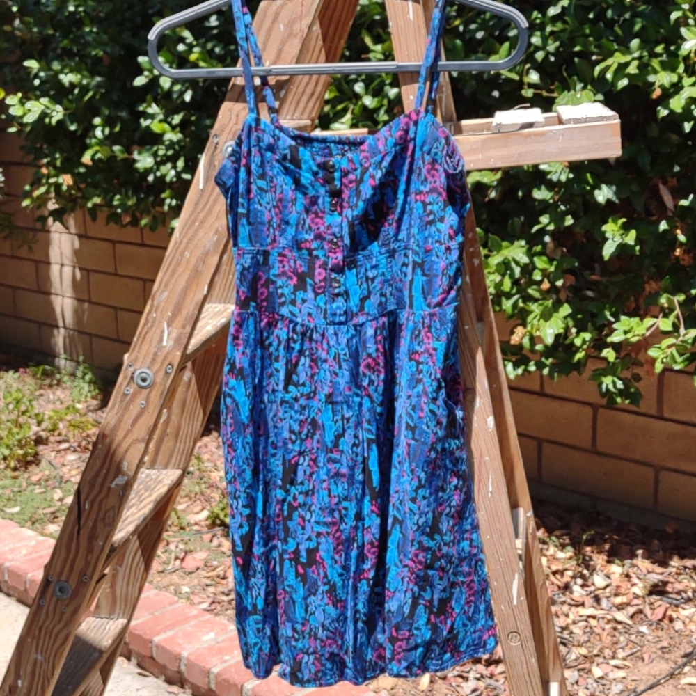 Express Mini Dress Blue Print Smocked Bodice S